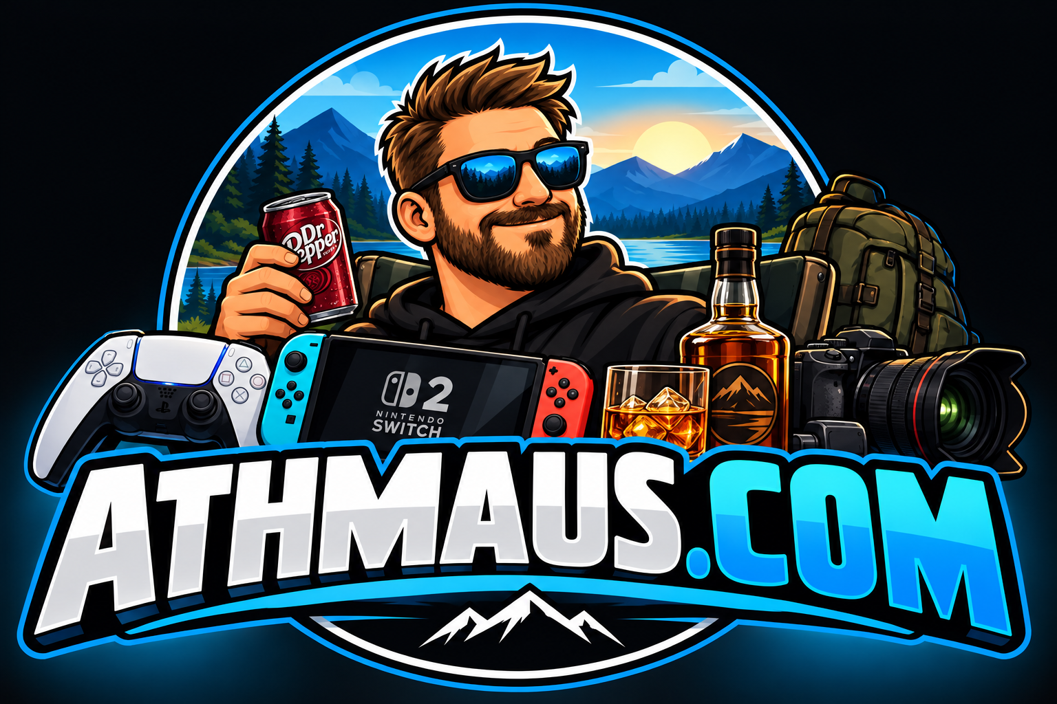 Athmaus.com logo featuring Michael with gaming gear and mountains